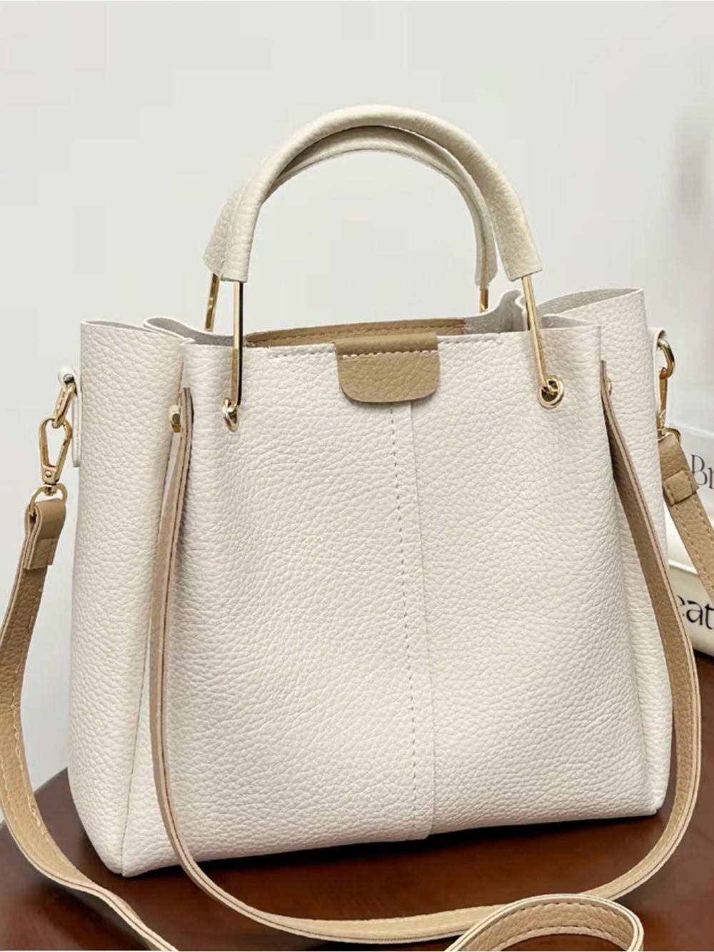 Cream Pebbled Tote Bag with Detachable Strap - Picture 4 of 4